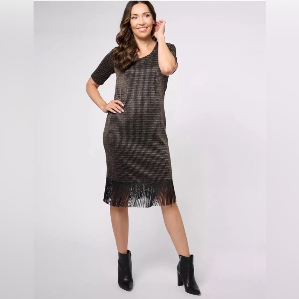 Isaac Mizrahi Live! Petite Always Isaac Lurex Fringe Hem Dress Size MP